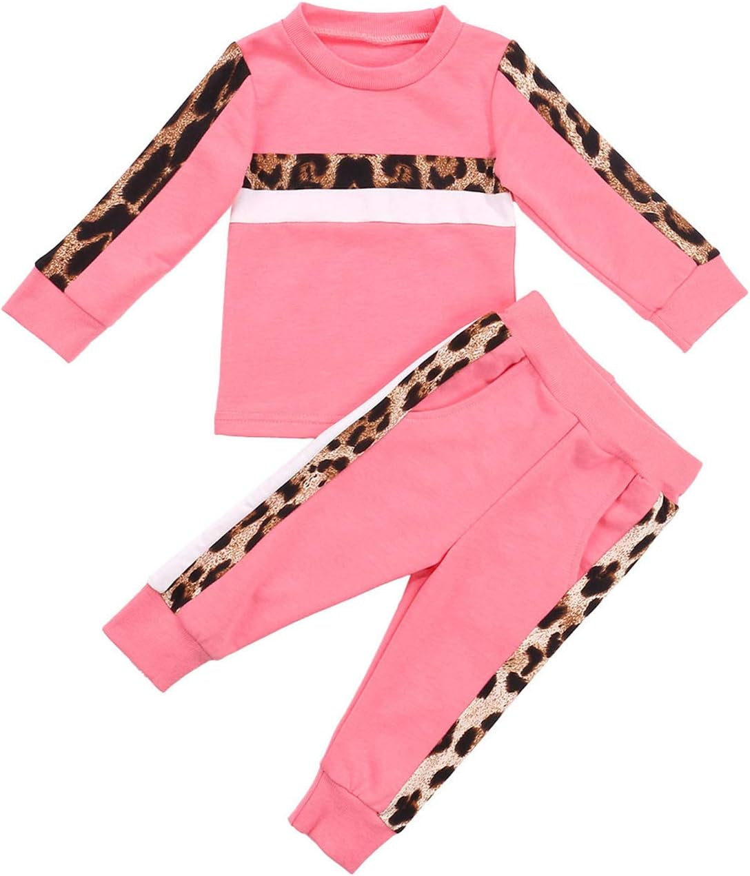 2PC Toddler Baby Girls Fashion Leopard Sweatshirt Tops Striped Long Pants Set Sweatsuit Clothes