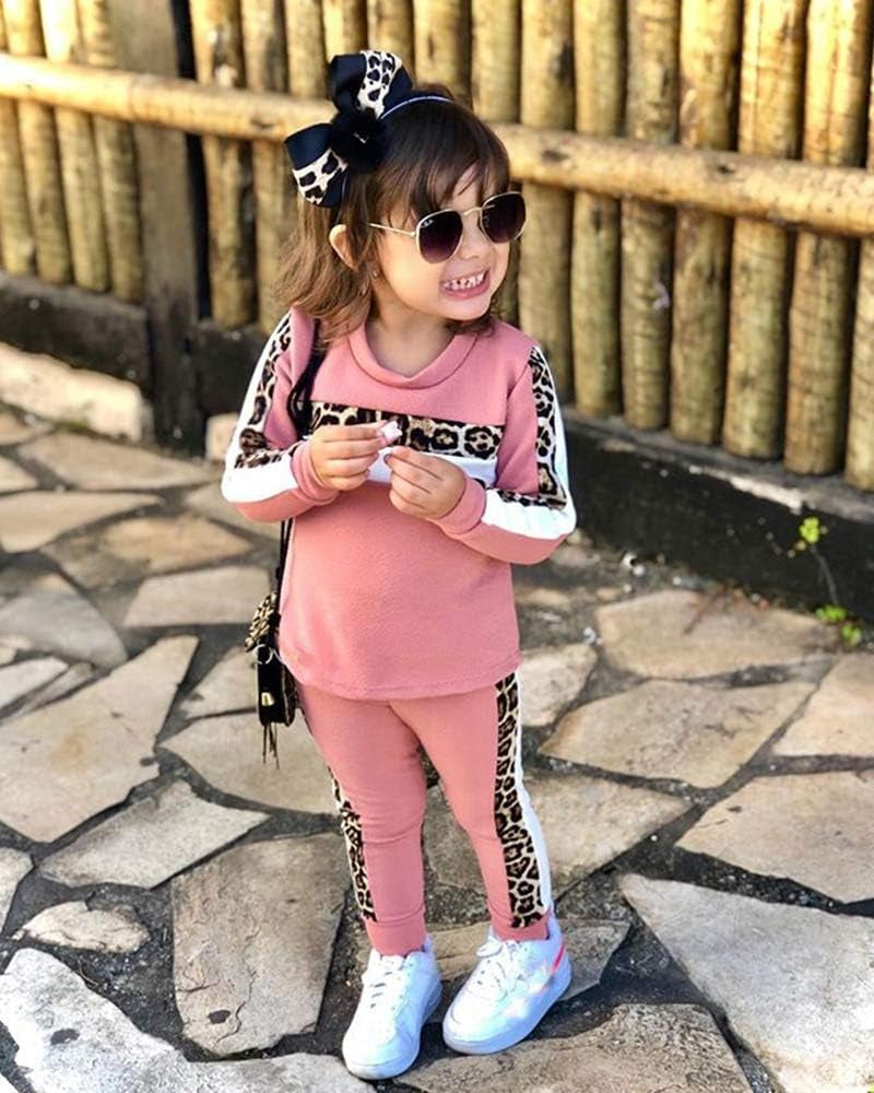 2PC Toddler Baby Girls Fashion Leopard Sweatshirt Tops Striped Long Pants Set Sweatsuit Clothes