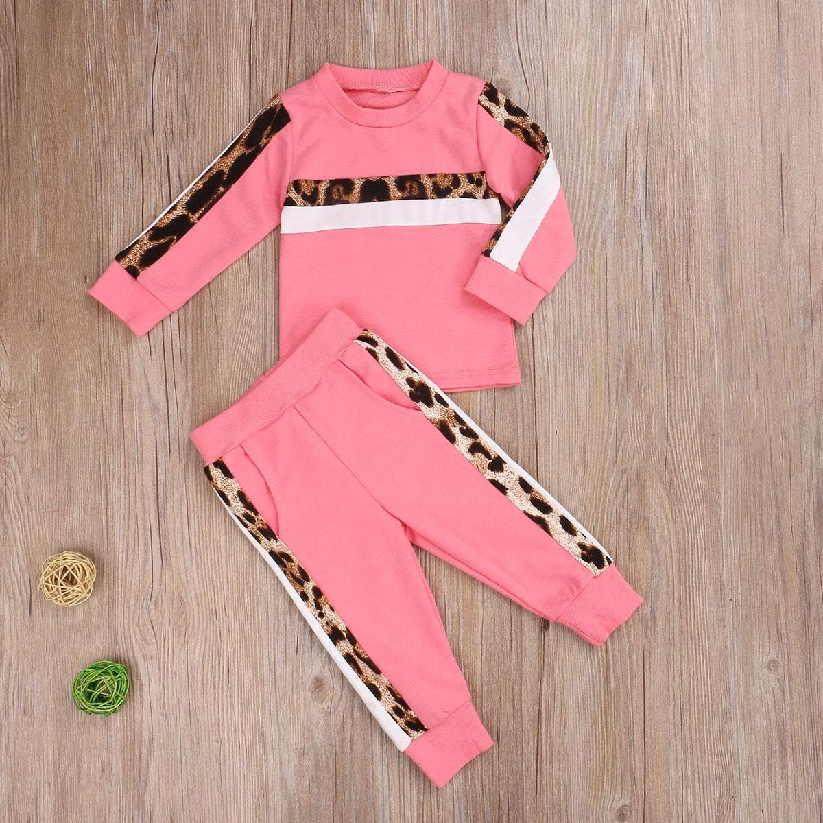 2PC Toddler Baby Girls Fashion Leopard Sweatshirt Tops Striped Long Pants Set Sweatsuit Clothes